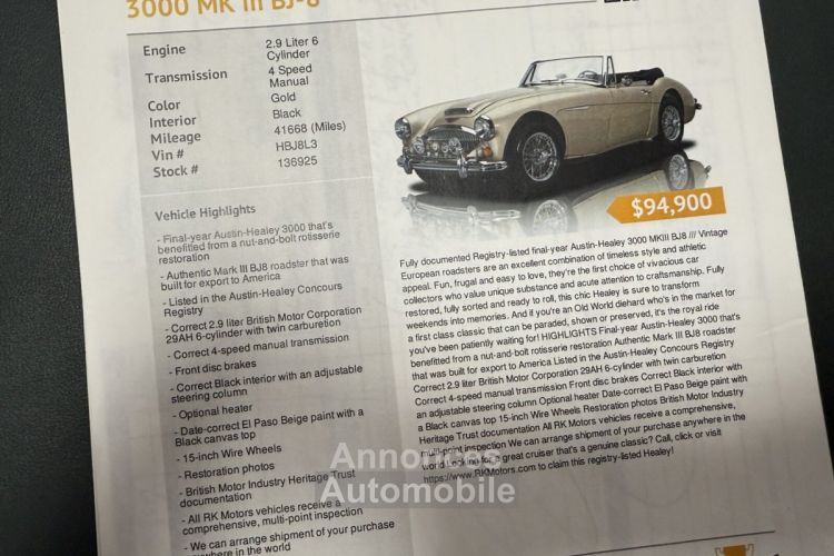 Austin Healey 3000 MK3 BJ8 - <small></small> 88.500 € <small>TTC</small> - #74