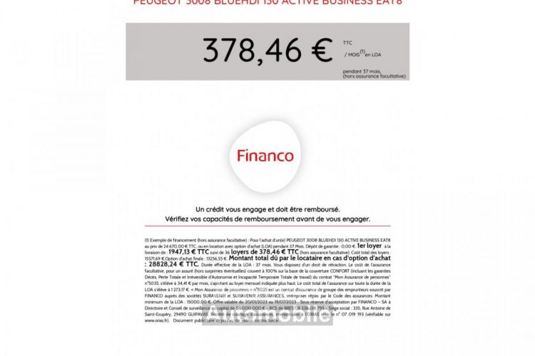 Peugeot 3008 1.5 BlueHDi S&S - 130 - BV EAT8 II Active Business PHASE 1 - <small></small> 21.990 € <small>TTC</small> - #44
